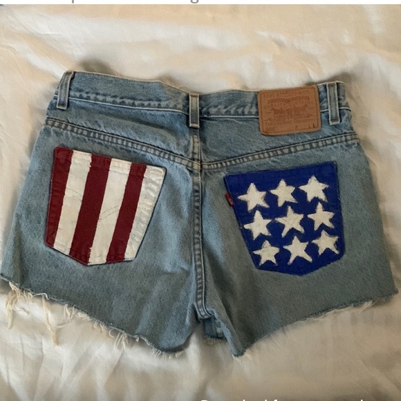 ❤️🤍💙Levi Custom 🇺🇸July 4th Patriotic American Flag Cutoff Denim shorts - Picture 2 of 5